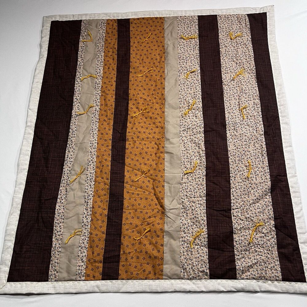 Handmade Patchwork Baby Quilt 40x35 Tied Blanket Country Farmhouse Striped Brown